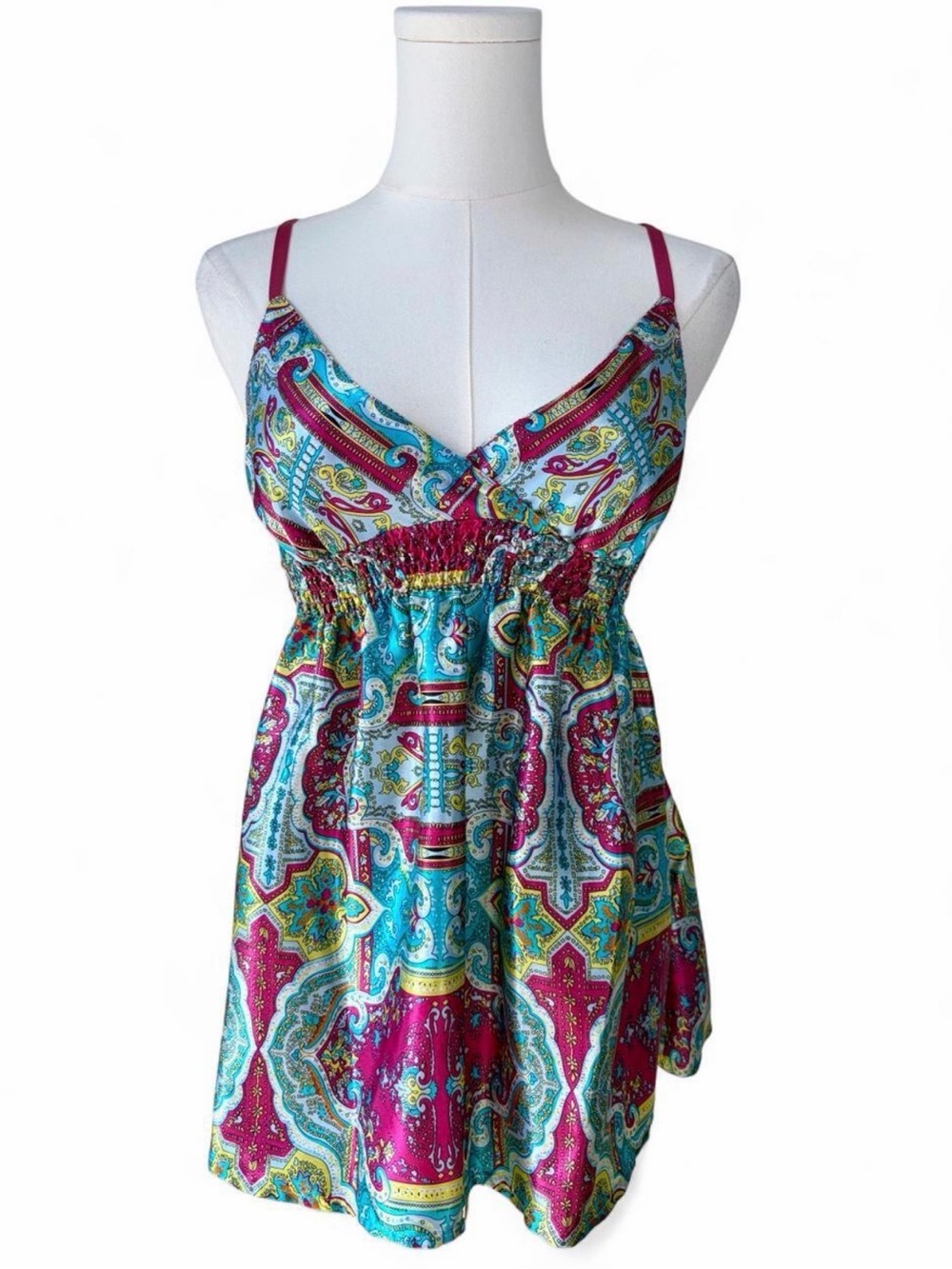 Derek Heart Y2K Pink Satin Paisley Print Empire Waist Babydoll Tank Top 2000s